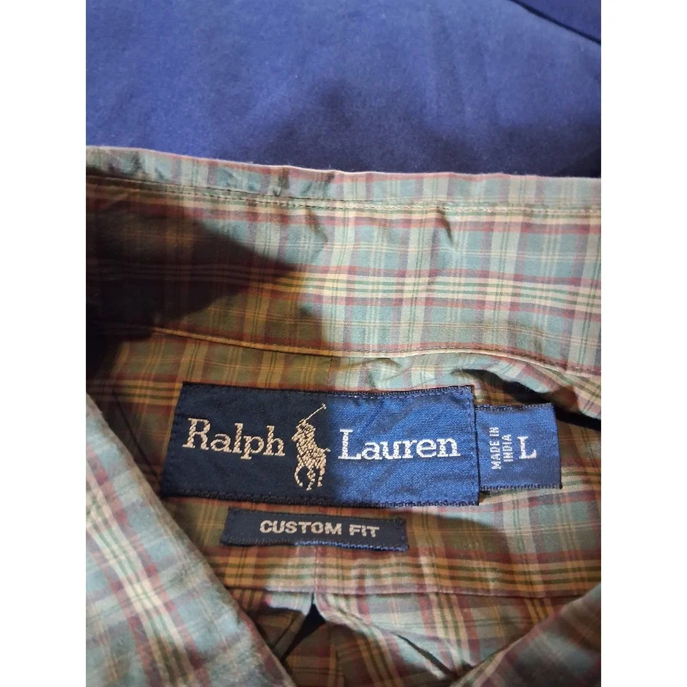 Ralph Lauren Mens Custom Fit Plaid Button Down Shirt Green Tan Red Large L